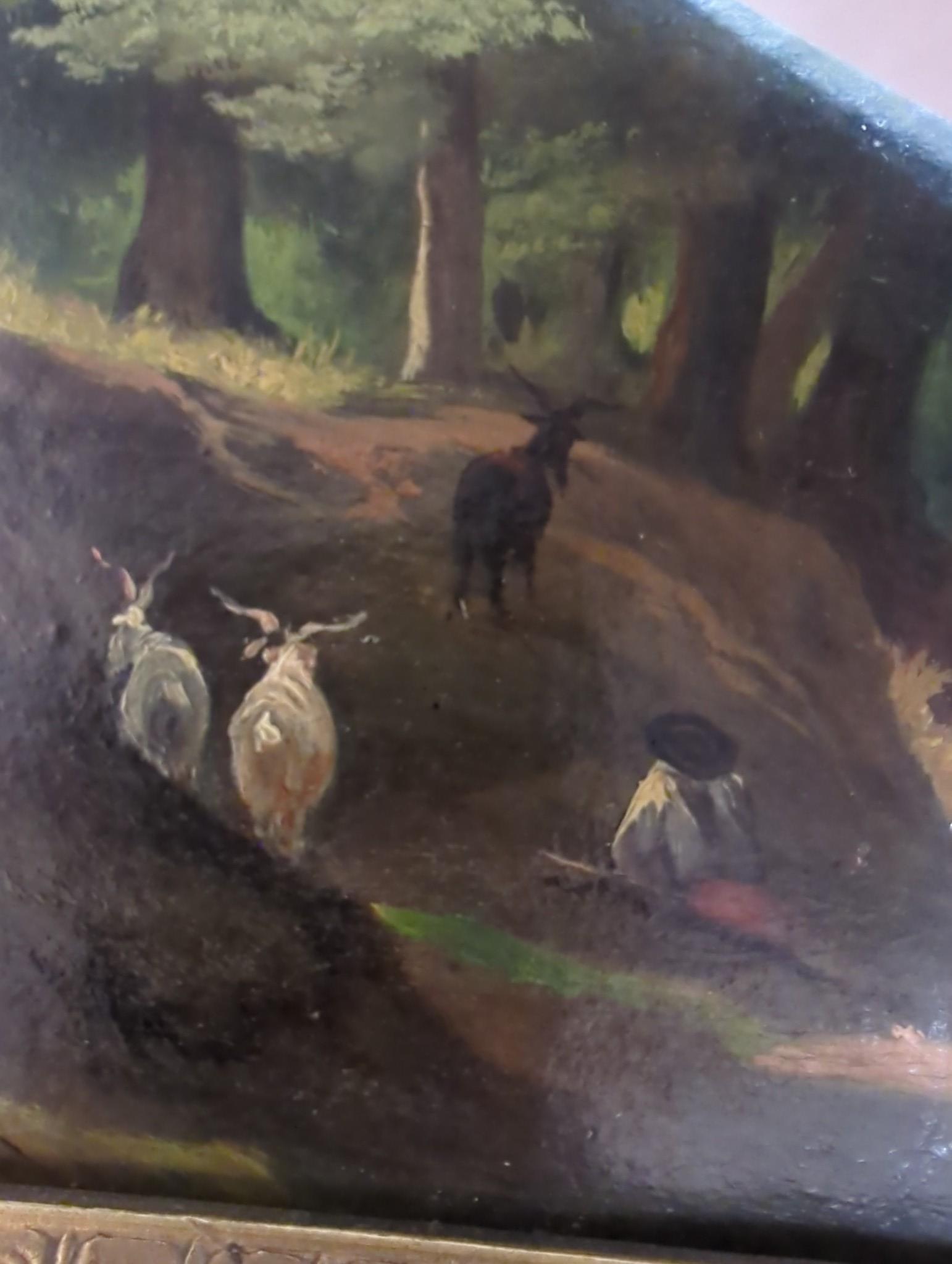 19th century English School, oil on board, Italian goatherders on a woodland path, 26 x 41cm